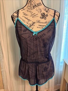 Savage X Fenty Navy Sheer Mesh Romper with Teal Lace Trim